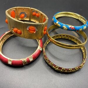 Bundle Gold Tone Bracelets Clampers Enamel Stretchy Bangles Blue Orange Red